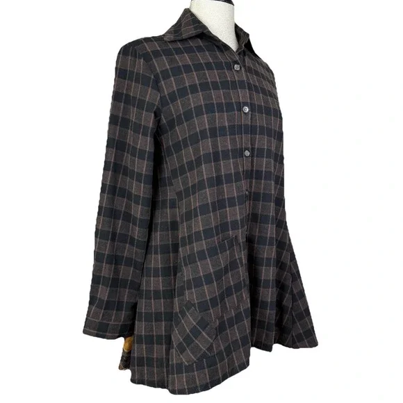 Shana Top Womens XS Brown Plaid Colorful Tunic Floral Art to Wear Artsy Boho - Picture 3 of 9